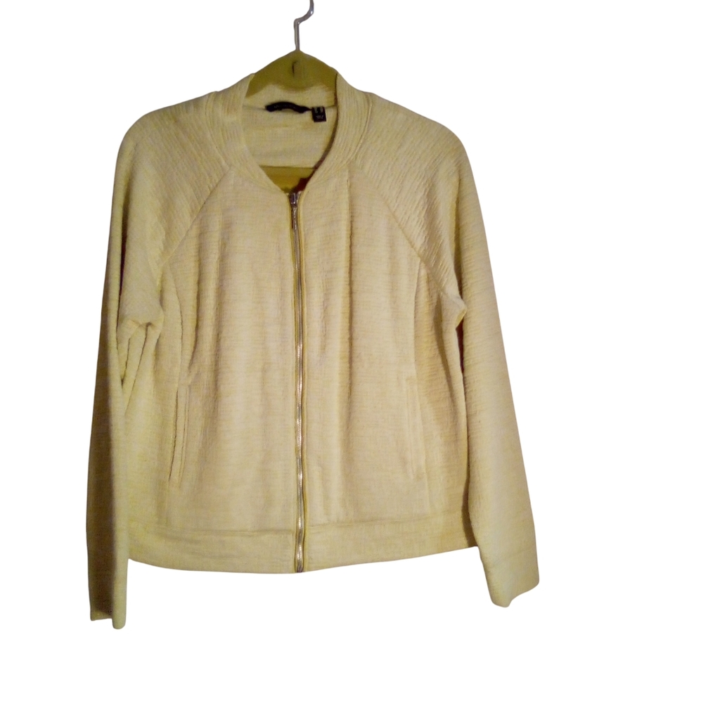 H by Halston Jacket Lightweight Stretch Textured Knit Zip Front Bomber 12 Yellow